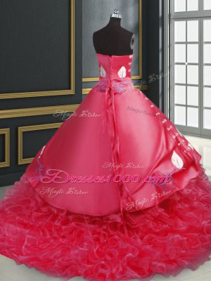 Sweetheart Sleeveless Brush Train Lace Up Quinceanera Dress Coral Red Organza