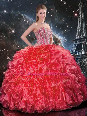 Sweetheart Sleeveless Quinceanera Gowns Floor Length Beading and Ruffles Coral Red Organza