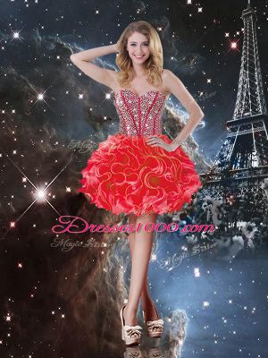 Sweetheart Sleeveless Quinceanera Gowns Floor Length Beading and Ruffles Coral Red Organza