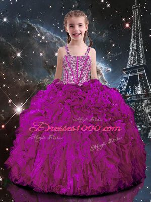 Discount Ball Gowns Girls Pageant Dresses Fuchsia Straps Organza Short Sleeves Floor Length Lace Up