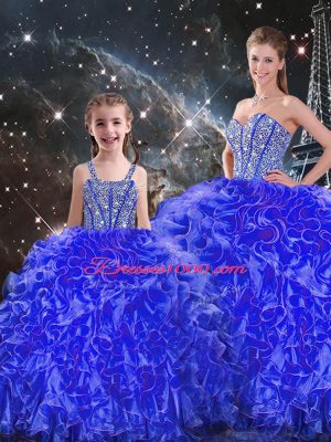 Hot Sale Blue Organza Lace Up Quinceanera Dress Sleeveless Floor Length Beading and Ruffles