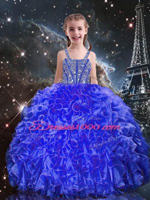 Hot Sale Blue Organza Lace Up Quinceanera Dress Sleeveless Floor Length Beading and Ruffles