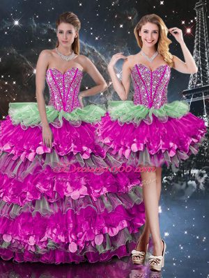 Multi-color Lace Up Quinceanera Dress Beading and Ruffles and Ruffled Layers Sleeveless Floor Length