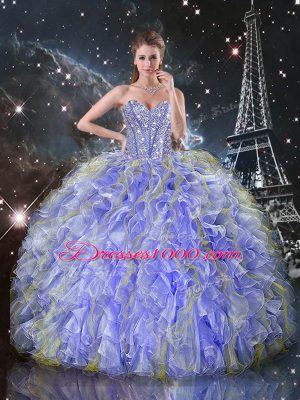 Lavender Ball Gowns Organza Sweetheart Sleeveless Beading and Ruffles Floor Length Lace Up Sweet 16 Quinceanera Dress