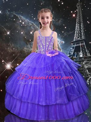 Sleeveless Organza Floor Length Lace Up Little Girls Pageant Dress Wholesale in Eggplant Purple with Beading and Ruffled Layers