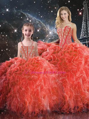 Coral Red Sleeveless Beading and Ruffles Floor Length 15 Quinceanera Dress