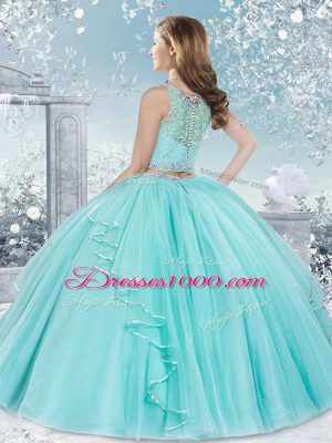 Fancy Floor Length Clasp Handle Sweet 16 Quinceanera Dress Aqua Blue for Military Ball and Sweet 16 and Quinceanera with Beading and Lace