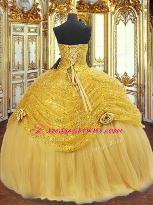 Best Sleeveless Floor Length Pick Ups and Hand Made Flower Lace Up Sweet 16 Dresses with Gold