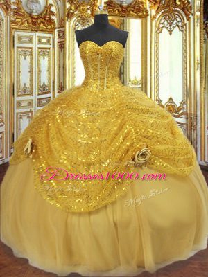 Best Sleeveless Floor Length Pick Ups and Hand Made Flower Lace Up Sweet 16 Dresses with Gold