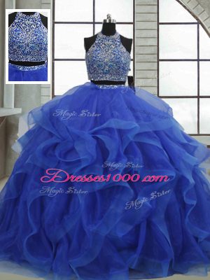 Traditional Royal Blue Sleeveless Organza Lace Up Quinceanera Gown for Military Ball and Quinceanera