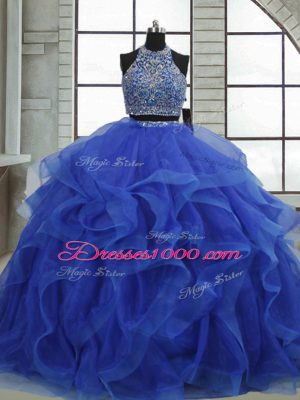 Traditional Royal Blue Sleeveless Organza Lace Up Quinceanera Gown for Military Ball and Quinceanera