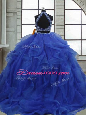 Traditional Royal Blue Sleeveless Organza Lace Up Quinceanera Gown for Military Ball and Quinceanera