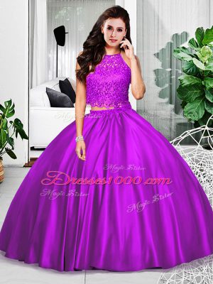 Eggplant Purple Sweet 16 Dress Military Ball and Sweet 16 and Quinceanera with Lace and Ruching Halter Top Sleeveless Zipper