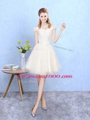 Flare Empire Bridesmaids Dress Champagne Off The Shoulder Tulle Cap Sleeves Knee Length Lace Up
