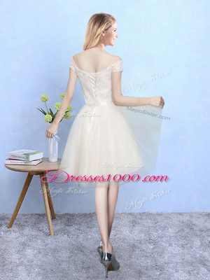 Flare Empire Bridesmaids Dress Champagne Off The Shoulder Tulle Cap Sleeves Knee Length Lace Up