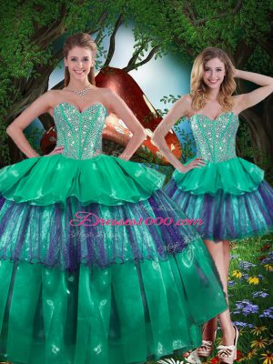 Turquoise Sleeveless Organza Lace Up Sweet 16 Quinceanera Dress for Military Ball and Sweet 16 and Quinceanera
