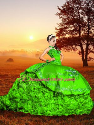 Green Sweetheart Lace Up Embroidery and Ruffles Quinceanera Dress Brush Train Sleeveless
