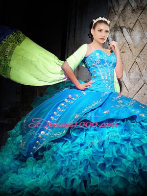 Luxury Ball Gowns Sleeveless Baby Blue Quinceanera Gowns Brush Train Lace Up