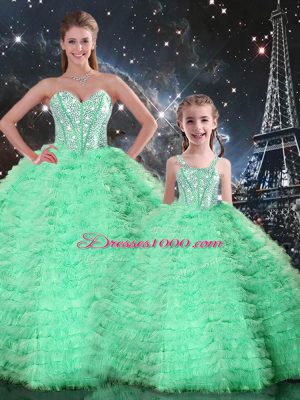 Turquoise Sleeveless Tulle Lace Up Quince Ball Gowns for Military Ball and Sweet 16 and Quinceanera