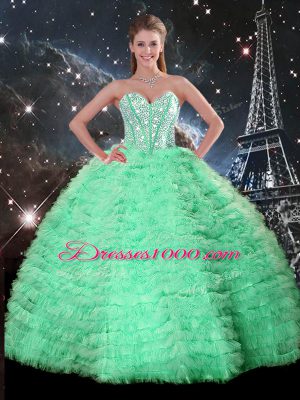 Turquoise Sleeveless Tulle Lace Up Quince Ball Gowns for Military Ball and Sweet 16 and Quinceanera