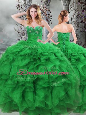 Green Ball Gowns Beading and Ruffles Ball Gown Prom Dress Lace Up Organza Sleeveless Floor Length