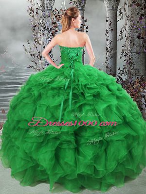 Green Ball Gowns Beading and Ruffles Ball Gown Prom Dress Lace Up Organza Sleeveless Floor Length
