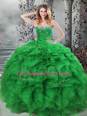 Green Ball Gowns Beading and Ruffles Ball Gown Prom Dress Lace Up Organza Sleeveless Floor Length