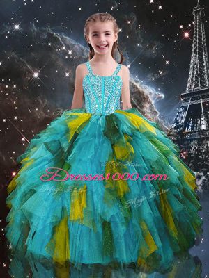 Aqua Blue Straps Lace Up Beading and Ruffles Kids Pageant Dress Short Sleeves