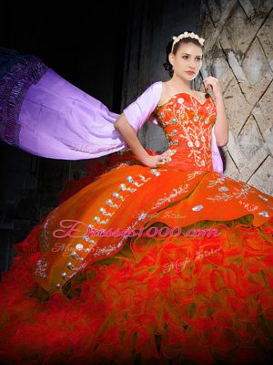 High Class Sleeveless Organza Brush Train Lace Up Quince Ball Gowns in Orange Red with Embroidery and Ruffles