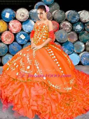 High Class Sleeveless Organza Brush Train Lace Up Quince Ball Gowns in Orange Red with Embroidery and Ruffles