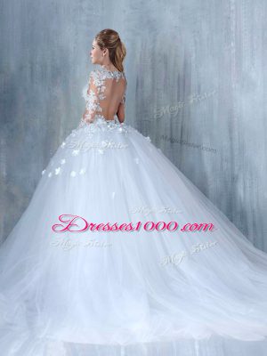 Low Price White A-line Lace Wedding Dress Backless Tulle Long Sleeves