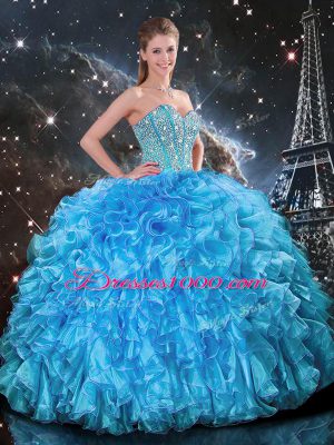 Fashion Ball Gowns Quinceanera Dresses Baby Blue Sweetheart Organza Sleeveless Floor Length Lace Up