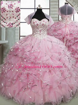 Custom Designed Baby Pink 15th Birthday Dress Sweetheart Sleeveless Brush Train Lace Up