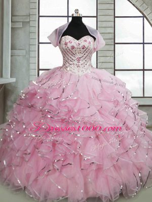 Custom Designed Baby Pink 15th Birthday Dress Sweetheart Sleeveless Brush Train Lace Up