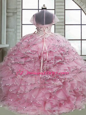 Custom Designed Baby Pink 15th Birthday Dress Sweetheart Sleeveless Brush Train Lace Up