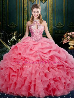 Modest Sleeveless Floor Length Beading and Ruffles and Pick Ups Lace Up Vestidos de Quinceanera with Watermelon Red