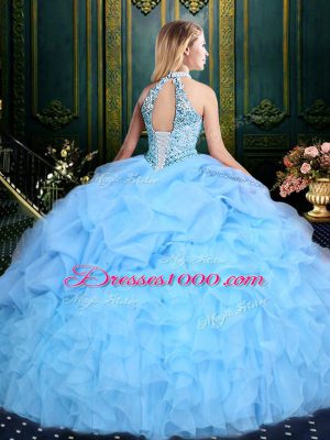 Modest Sleeveless Floor Length Beading and Ruffles and Pick Ups Lace Up Vestidos de Quinceanera with Watermelon Red