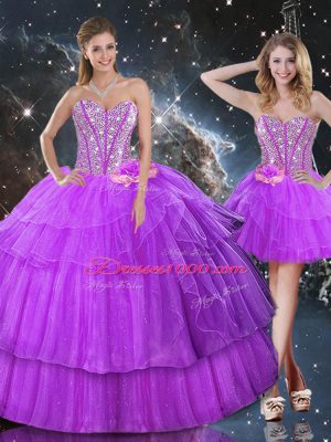 Purple Ball Gowns Organza Sweetheart Sleeveless Ruffled Layers Floor Length Lace Up Sweet 16 Quinceanera Dress