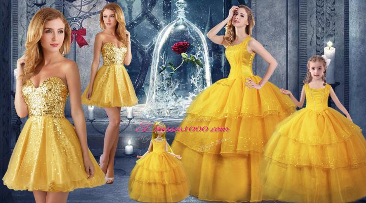 Ruffled Layers Quinceanera Dresses Gold Lace Up Sleeveless Floor Length