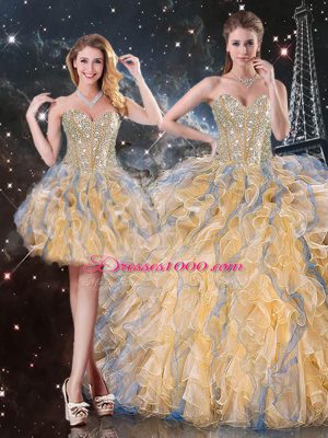 Organza Sweetheart Sleeveless Lace Up Beading and Ruffles 15 Quinceanera Dress in Gold