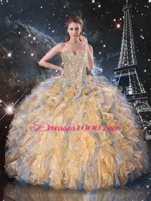 Organza Sweetheart Sleeveless Lace Up Beading and Ruffles 15 Quinceanera Dress in Gold