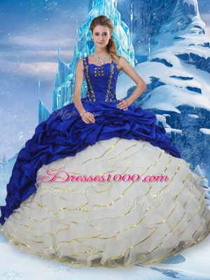 Designer Lace Up 15 Quinceanera Dress Blue And White for Military Ball and Sweet 16 and Quinceanera with Ruffled Layers and Pick Ups Brush Train