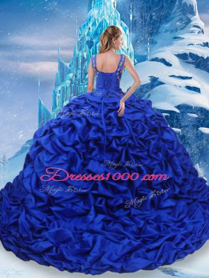 Designer Lace Up 15 Quinceanera Dress Blue And White for Military Ball and Sweet 16 and Quinceanera with Ruffled Layers and Pick Ups Brush Train