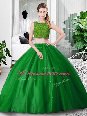 Great Sleeveless Floor Length Lace and Ruching Zipper Quinceanera Dress with Green