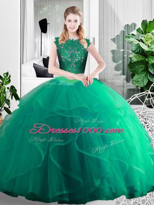 Hot Sale Turquoise Tulle Zipper Vestidos de Quinceanera Sleeveless Floor Length Lace and Ruffles