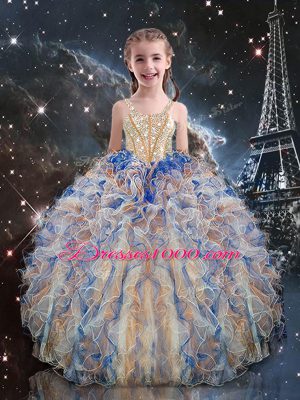 Beading and Ruffles Little Girl Pageant Gowns Multi-color Lace Up Sleeveless Floor Length