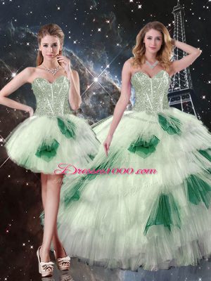 Sweetheart Sleeveless Ball Gown Prom Dress Floor Length Beading and Ruffled Layers and Sequins Multi-color Tulle