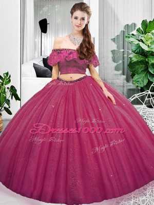Exquisite Fuchsia Sweet 16 Quinceanera Dress Military Ball and Sweet 16 and Quinceanera with Lace and Ruching Off The Shoulder Sleeveless Lace Up