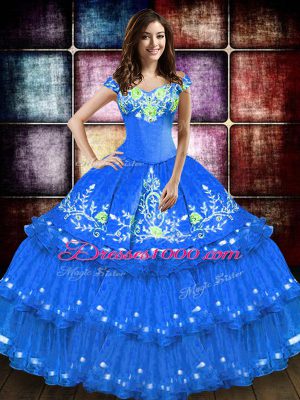 Fabulous Embroidery and Ruffled Layers Vestidos de Quinceanera Blue Lace Up Sleeveless Floor Length