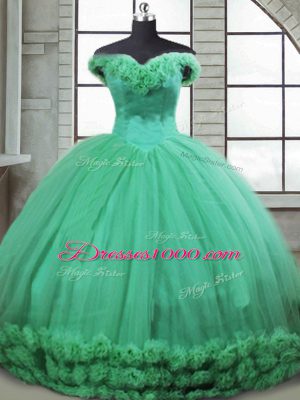 Turquoise Off The Shoulder Neckline Hand Made Flower Sweet 16 Dress Sleeveless Lace Up